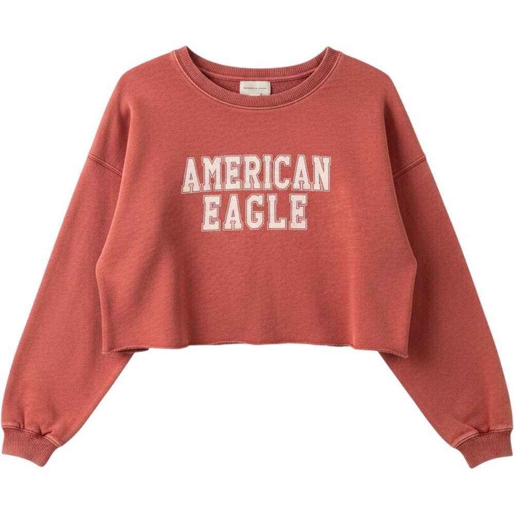 American Eagle Womens Cropped Sweatshirt Red Raw Hem Logo Pullover XS